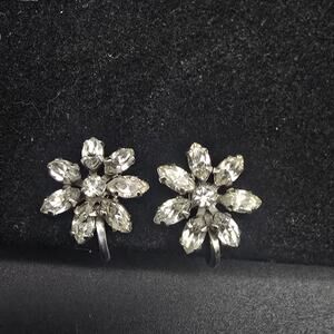 Van Dell Sterling Silver Earrings Rhinestone Flower Screw Back Vintage Jewelry